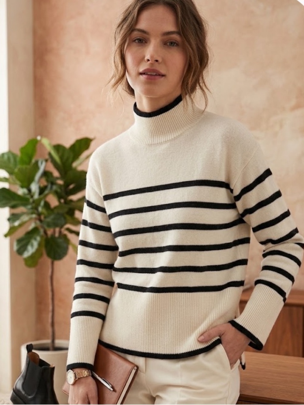 H&M  Wool Blend Cream and Black Striped Women’s Turtleneck
